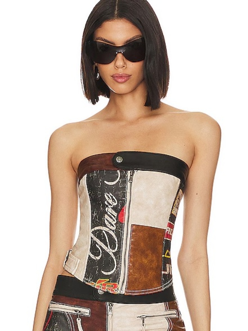 Jaded London Daytona Patchwork Logo Print and Faux Leather Crop Top - Brown